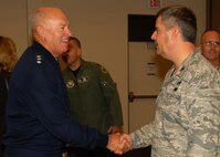 Lt. Gen. Harry M. Wyatt III, Director of the Air National Guard greets Col.  John M. Balbierer, 174th Maintenance Group Commander at Hancock Field Air National Guard Base in Syracuse N.Y. on 2 October 2009. Lt. Gen. Wyatt visited the base for the grand opening of the new MQ-9 Reaper Maintenance Field Training Detachment. (US Air Force photo by Staff Sgt. Ricky J Best/ RELEASED)