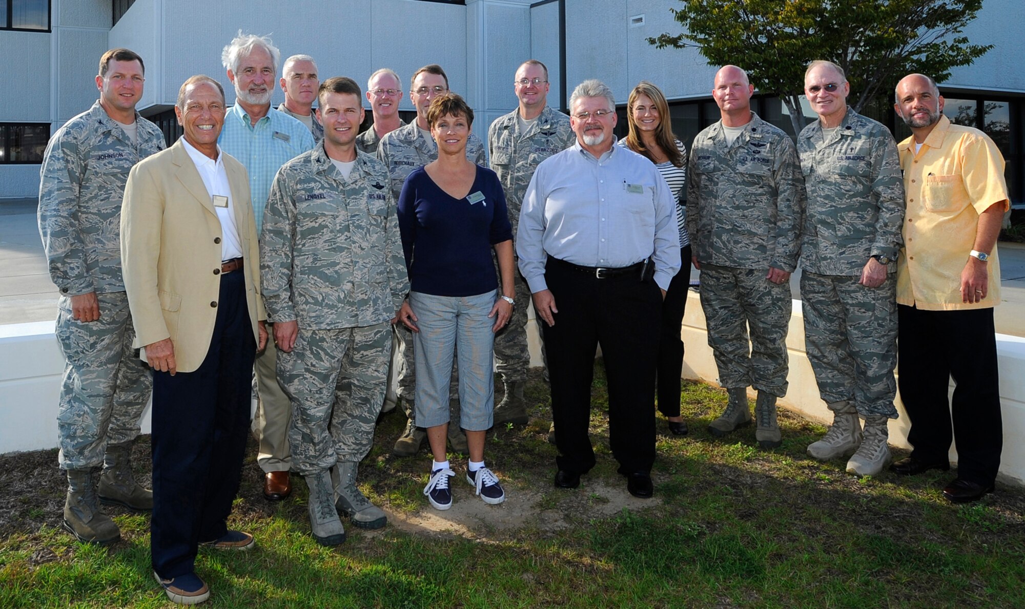 The 2009-2010 Hurlburt Field honorary commanders assumed command on Sept. 26. In this picture, (back left-right) are Col. Mark Johnson, 1st Special Operations Mission Support Group commander; Peter Bos, chairman and CEO of Legendary Inc. (1st Special Operations Wing); Chief Master Sgt. Brooke McLean, 1st Special Operations Wing command chief; Kevin Locht, owner/president of Corporate Benefits of the Emerald Coast Inc. (1st Special Operations Wing command chief); Col. Peter Robichaux, 1st Special Operations Maintenance Group commander; Col. Dale Agner, 1st Special Operations Medical Group commander; Jacqueline Blue, director of sales and marketing for Southern Ventures Corporation (1st Special Operations Group); Lt. Col. Joseph Michalek, 6th Special Operations Squadron commander; Chaplain (Lt. Col.) Michael Tinnon, 1st Special Operations Wing chaplain; Rev. Paul Kummer, senior pastor of Grace Lutheran Church (1st Special Operations Wing chaplain); (front left-right) Dr. John "Jack" Azzaretto, vice provost for Extended Programs and Regional Development Dean University of West Florida Emerald Coast (1st Special Operations Mission Support Group); Col. Gregory Lengyel, 1st Special Operations Wing commander; Vickie Warner, director of marketing for ResortQuest (1st Special Operations Maintenance Group); Al Herndon, EMS chief for Okaloosa County Department of Public Safety (1st Specail Operations Medical Group).