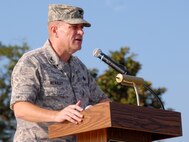 Col. Kris D. Beasley, 42nd Air Base Wing commander welcomes Wingman and Safety Day attendees Sept. 25. The day began with a 5k run at 6 a.m. and continued with various team building events throughout the day. (U.S. Air Force photo/Jamie Pitcher)