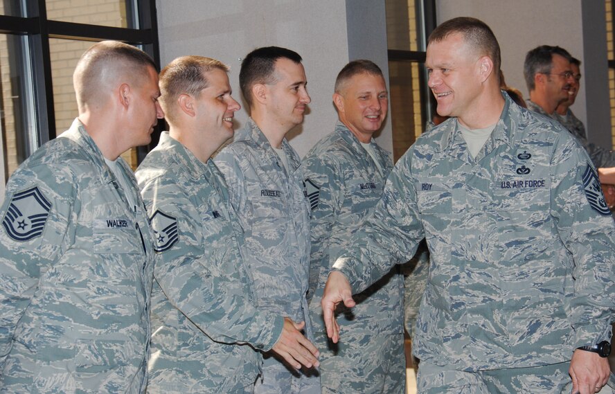 During his first official visit, Chief Master Sgt. of the Air Force James A. Roy greets members of the Senior NCO Academy staff. His visit to Maxwell-Gunter was designed to help familiarize the chief with Air University Enlisted Professional Military Education and took place at Gunter Annex Sept. 25. (U.S. Air Force photo/Melanie Rodgers Cox) 
