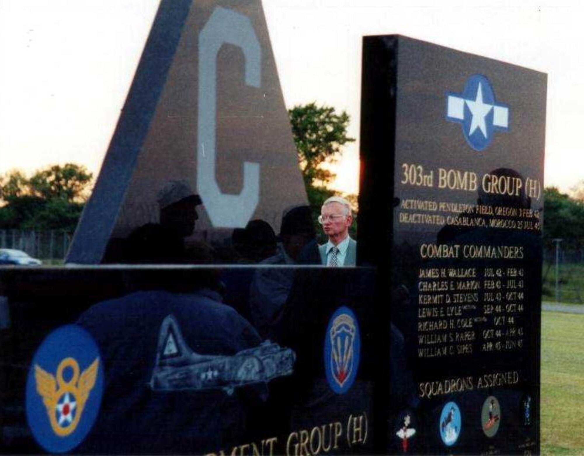Retired Lt Col Brian McGuire at the 303rd Bomb Group Memorial at RAF Molesworth, England prior to the dedication ceremony on June 3, 2000.  The new JAC parking lot is named after Lt Col McGuire, (Photo courtesy of 303rd Bomb Group Association)