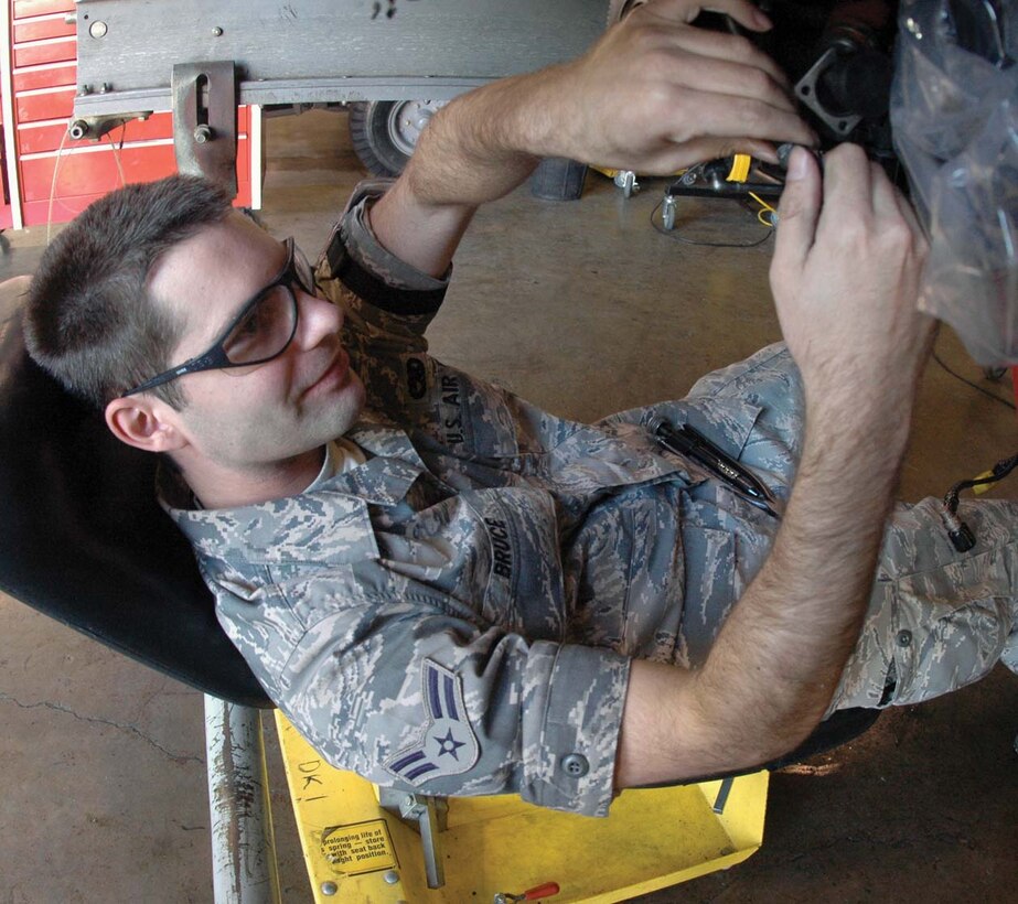 Airman 1st Class Nicholas Bruce, 113th Maintenance Squadron aerospace propulsion specialist, dismantles a lower generator box on an F-110 jet engine from a squadron F-16 Fighting Falcon aircraft Monday. (U.S. Air Force photo/ Bobby Jones)