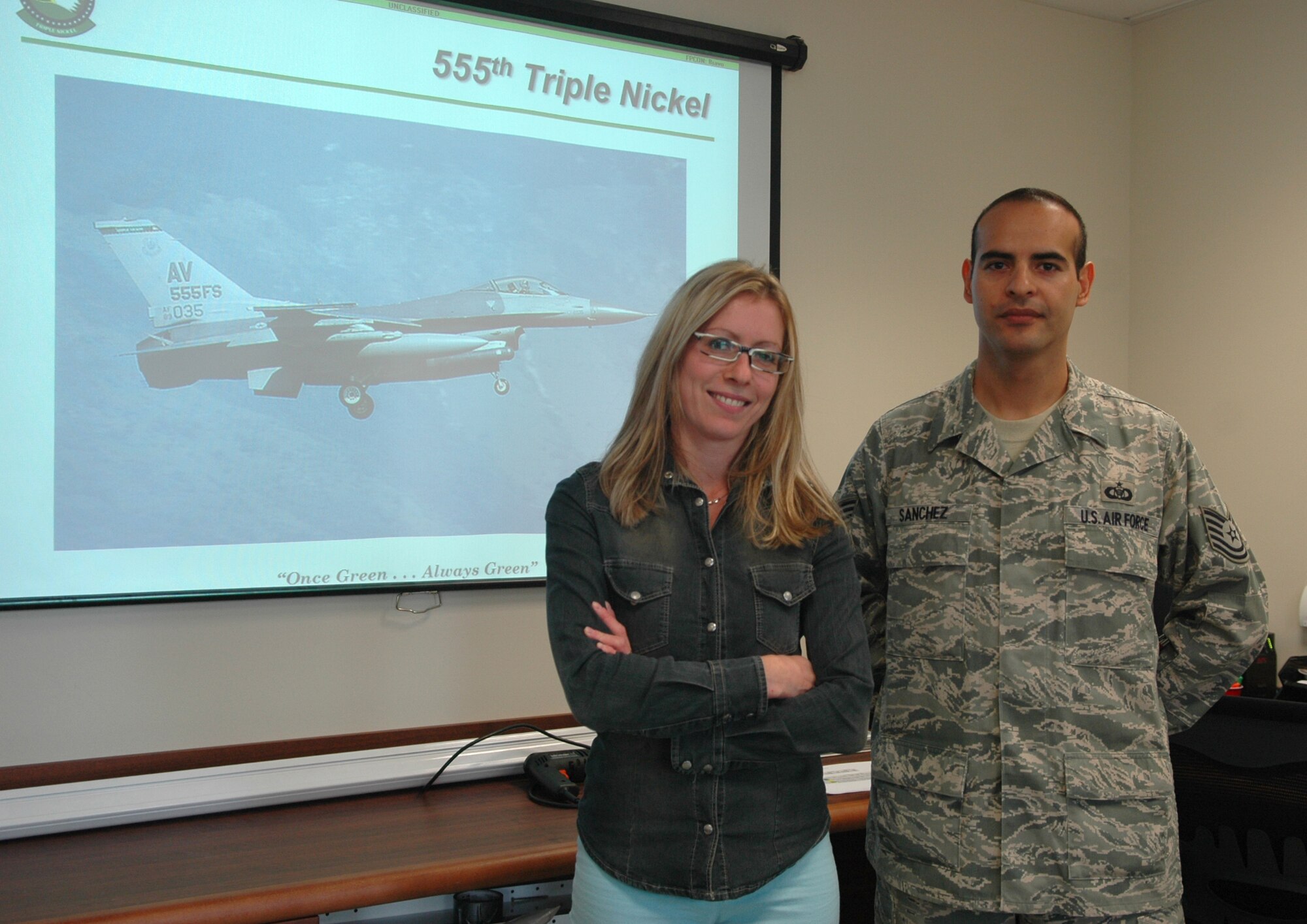 Donatella Piazza and Tech. Sgt. Sergio Sanchez, both from the 555th Fighter Squadron, are the most recent Aviano's Finest selectees for Oct. 2, 2009. Signora Piazza was recognized in the Italian civilian category and Sergeant Sanchez  was recognized in the military category. (U.S. Air Force photo/Staff Sgt. Mercedes Crossland)