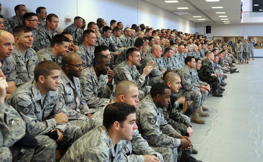 RAF MILDENHALL, England -- Airmen of the 100th Air Refueling Wing fill the bleachers of the Hardstand Fitness Center here for a pre-Operational Readiness Inspection pep rally Oct. 2. Col. Chad Manske, 100th ARW commander, led the rally where he told his Airmen what he expects of them during the two-week test of their abilities. (U.S. Air Force photo/Senior Airman Thomas Trower) 