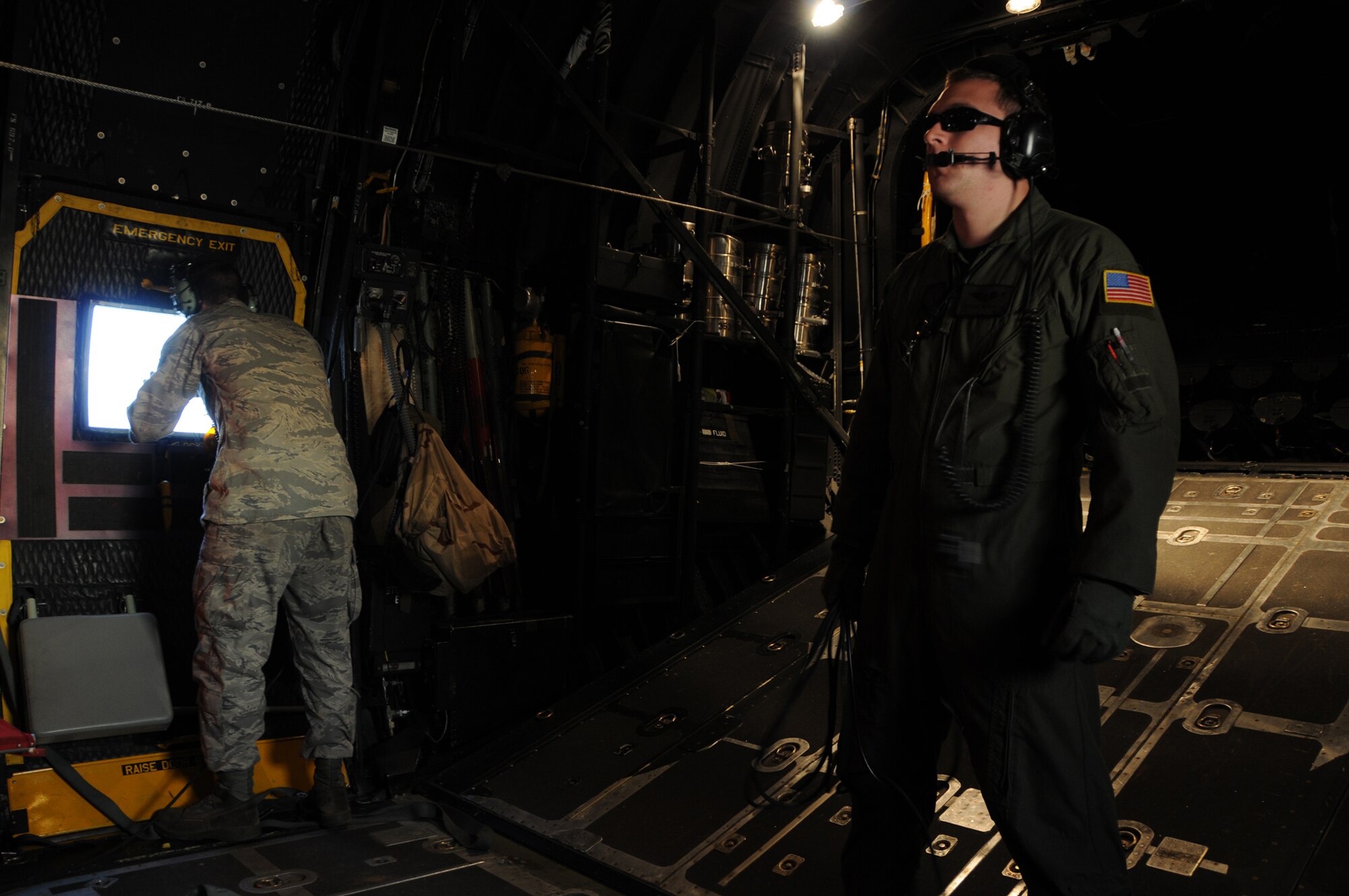 ZADAR, Croatia — A crewmember assigned to 67th Special Operation Squadron,352nd Special Operations Group, based at RAF Mildenhall, England, prepares to lower the ramp in the back of a MC-130P Shadow airplane upon notification of arriving rotary aircraft as part of a helicopter aerial refueling mission over the Adriatic Sea as part of the Jackal Stone 2009 exercise being held here. (Special Operations Command Europe photo by Army Master Sgt. Donald Sparks)