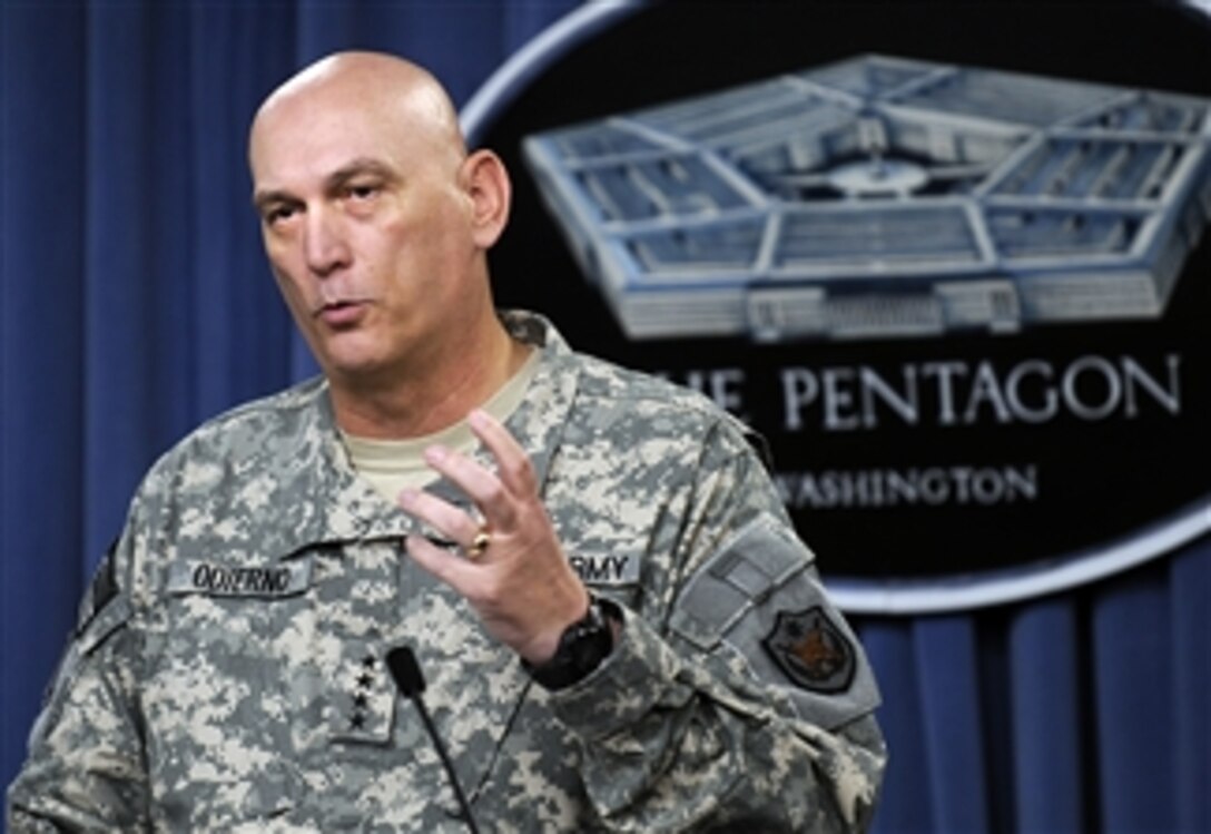 Commander of Multi-National Force - Iraq Gen. Raymond T. Odierno, U.S. Army, answers a reporter’s question during a press briefing in the Pentagon on Oct. 1, 2009.  