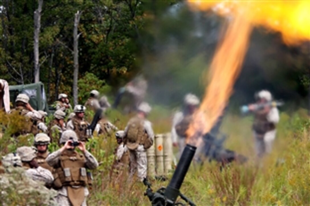 U.S. Marine mortarmen conduct fire missions during the 24th Marine Expeditioinary Unit's Realistic Urban Training on Camp Atterbury, Sept. 29, 2009. The unit will use these mortarmen to support the 1st Battalion, 9th Marine Regiment in hostile areas to neutralize threats.