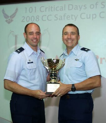 Lt. Col. John Breazeale, 84th Test and Evaluation Squadron commander (right), accepts the Fifth Annual 53rd Wing Commander’s Cup Safety Challenge first-place prize from Col. Michael Gantt, 53rd Wing commander, at Eglin Air Force Base, Fla., on Sept. 29. The squadron secured the win in the small group category for their innovate safety campaigns and practices. The 16-week, wing-wide contest was held in recognition of the 101 Critical Days of Summer safety campaign. It called upon participants to hold safety briefings, slogan contests, seat belt surveys and Commander's Safety Calls, and create mishap prevention bulletins and safety magazine articles, among other events. In addition to the cup, squadron personnel were awarded with a two-day pass. (Photo courtesy of 84th TES.)