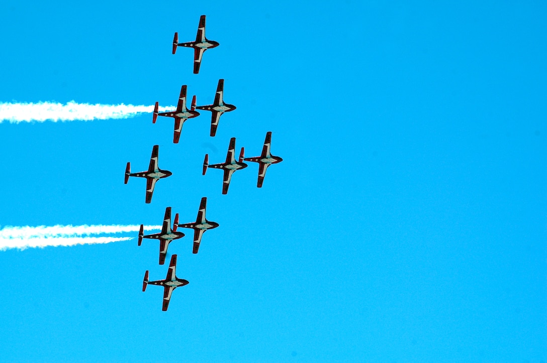 The Canadian Snow Birds perform high-flying acrobatics in formation during the Marine Corps Air Station Miramar Air Show, Oct. 3. Photo by Cpl. Jose Nava/Chevron