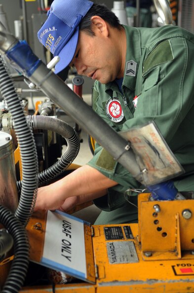 Japan Air Self Defense Force, 2nd Sergeant Sano, tags Aerospace Ground Equipment for the U.S. Air Force to use during their visit to Hyakuri Air Base, Japan, Oct. 03. The visit is part of an Aviation Training Relocation exercise between Kadena Air Base, Okinawa and Japan Air Self Defense Force and takes place from 5-9 Oct. 2009.