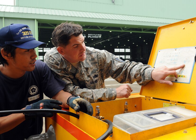 Technical Sergeant Kevin Charrier, an expeditor with the 67th Aircraft Maintenance Unit, Kadena Air Base, Japan, recieves training from Staff Sgt. Hayashida, a Crew Chief in the Japan Air Self Defense Force, on the Aerospace Ground Equipment they will use during their visit to Hyakuri Air Base, Japan, Oct. 03. The visit is part of an Aviation Training Relocation exercise between Kadena Air Base, Okinawa and Japan Air Self Defense Force and takes place from 5-9 Oct. 2009.