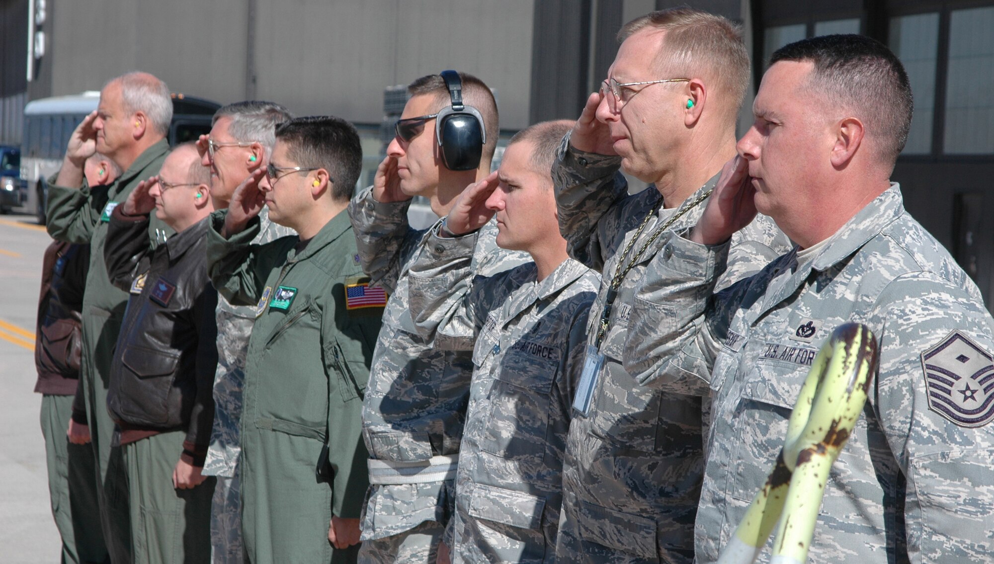 Master Sgt. Chris Vossmer (right) and an official party from the 302nd Airlift Wing welcomes civic leaders from Little Rock Air Force Base, Ark., during a 19th Airlift Wing Community Relations Tour Oct. 2 at Peterson Air Force Base, Colo. The Little Rock, Ark.-area civic leaders, who lend their community support to Little Rock AFB, visited the 302nd AW to gain a better perspective on how the Air Force Reserve and its Active Duty counterparts work together. Sergeant Vossmer is the 52nd Airlift Squadron first sergeant. (U.S. Air Force photo/Staff Sgt. Stephen J. Collier)
