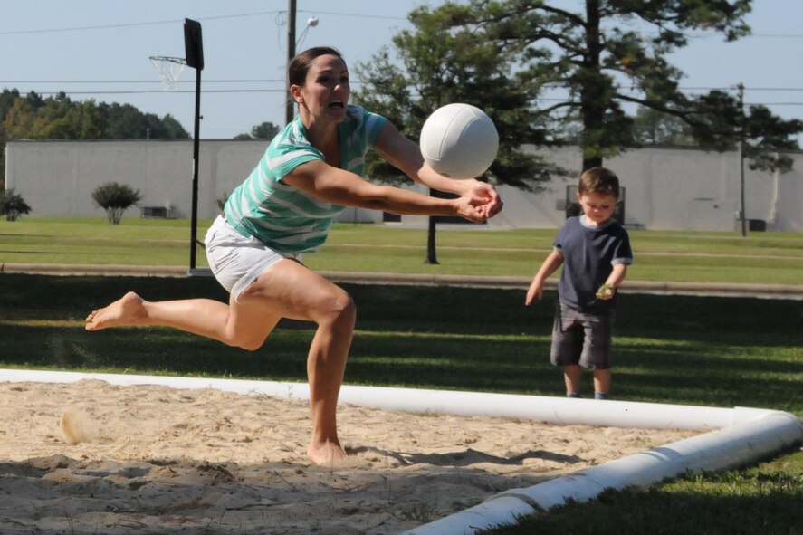 SEYMOUR JOHNSON AIR FORCE BASE, N.C. -- Capt. Jessica Ladd, executive officer for the 916th Maintainence Group, demonstrates her superior volleyball skills during the 916th Air Refueling Wing's Family Day on Oct. 3. U.S. Air Force Photo by TSgt. Scotty Sweatt, 916ARW/PA.