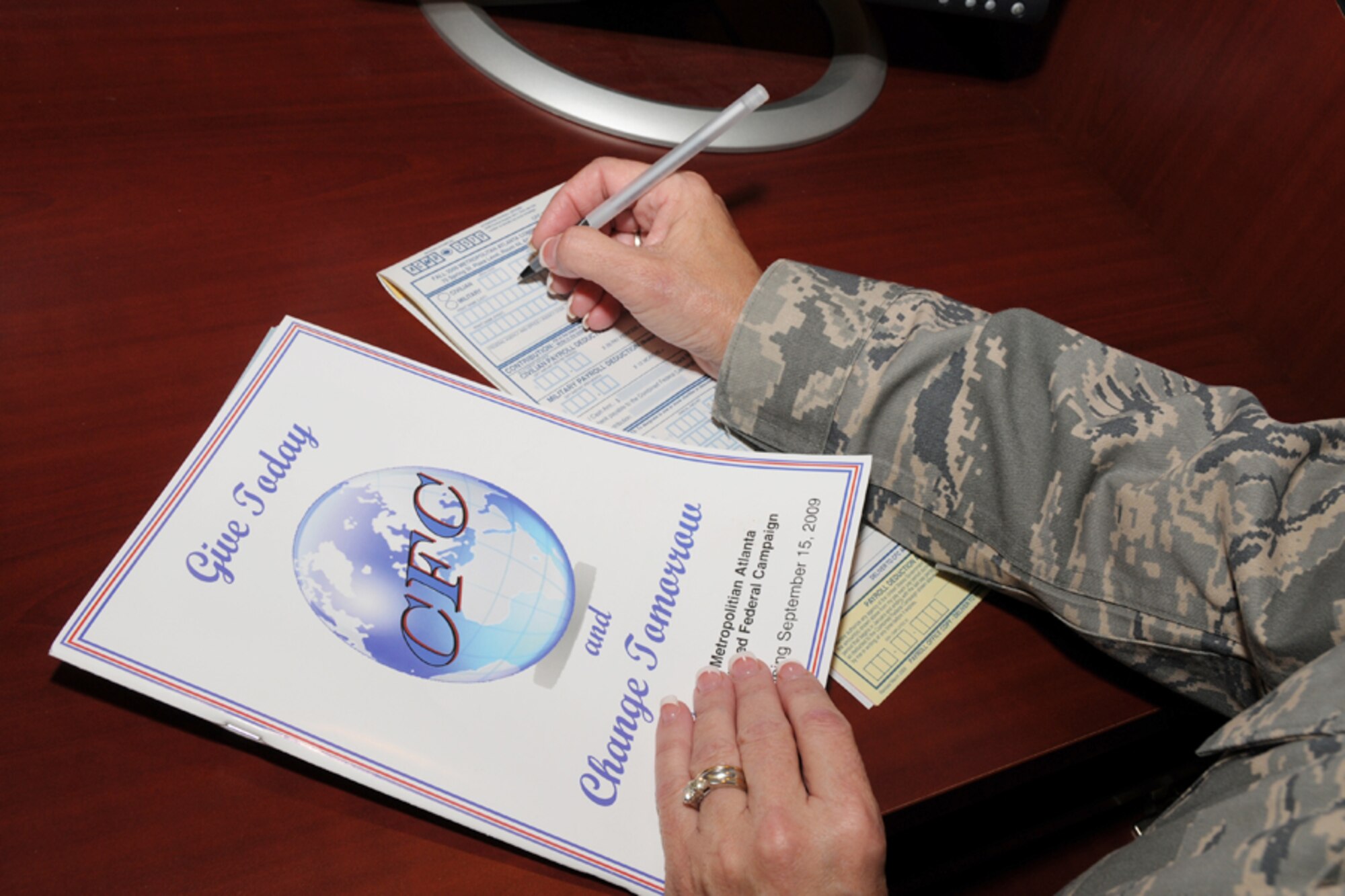 September 15 marked the official start of the 2009 Metropolitan Atlanta Combined Federal Campaign, the only official charitable drive for federal civilian and Airmen assigned to Dobbins Air Reserve Base.The Metropolitan Atlanta CFC closes October 27.  Airmen who wish to contribute to this year’s campaign but have not received a 2009 CFC pledge card and catalogue, should contact their unit First Sergeant. (U.S. Air Force photo/Tech. Sgt. Nicholas Ontiveros)