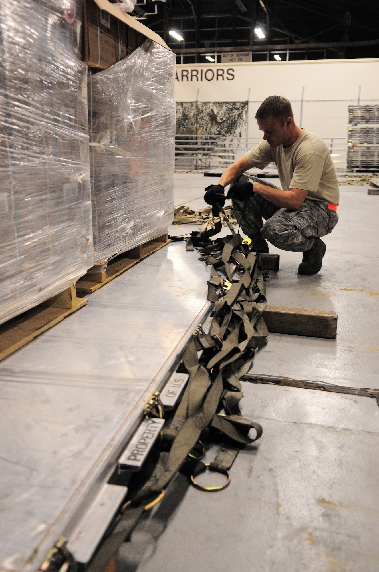 YOKOTA AIR BASE, Japan -- Tech. Sgt. Chris Peters, 374th Logistics Readiness Squadron, prepositions the netting on a pallet of supplies Oct. 3 in support of the deployment of a U.S. Air Force Humanitarian Assistance Rapid Response Team to Padang, Indonesia. Sergeant Peters helped to build nine pallets totaling more than 35,000 pounds of equipment. The HARRT, which includes members from here and Andersen Air Force Base, Guam, is scheduled to depart Oct. 5 aboard a C-17 Globemaster III. (U.S. Air Force photo/Airman 1st Class Michael Dillon)