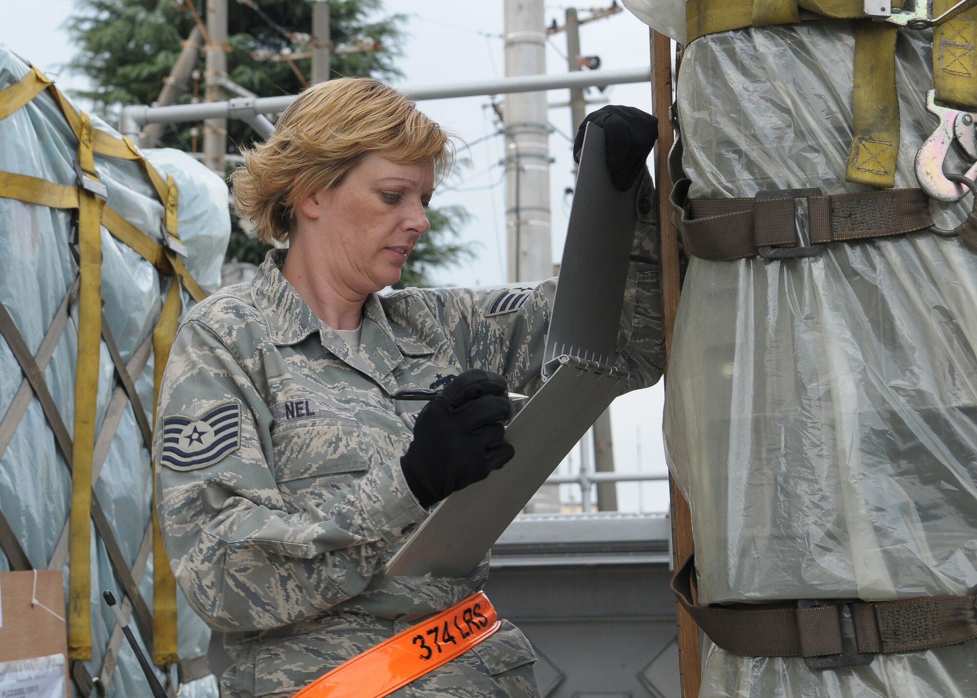 YOKOTA AIR BASE, Japan -- Tech. Sgt. Sherri Nel, 374th Logistics Readiness Squadron, measures the height of a pallet of medical supplies Oct. 4 to support the deployment of a U.S. Air Force Humanitarian Assistance Rapid Response Team to Padang, Indonesia. Medical personnel here to built nine pallets totaling more than 35,000 pounds of equipment. The HARRT, which includes members from here and Andersen Air Force Base, Guam, is scheduled to depart Oct. 5 aboard a C-17 Globemaster III. (U.S. Air Force photo/Airman 1st Class Sean Martin)

