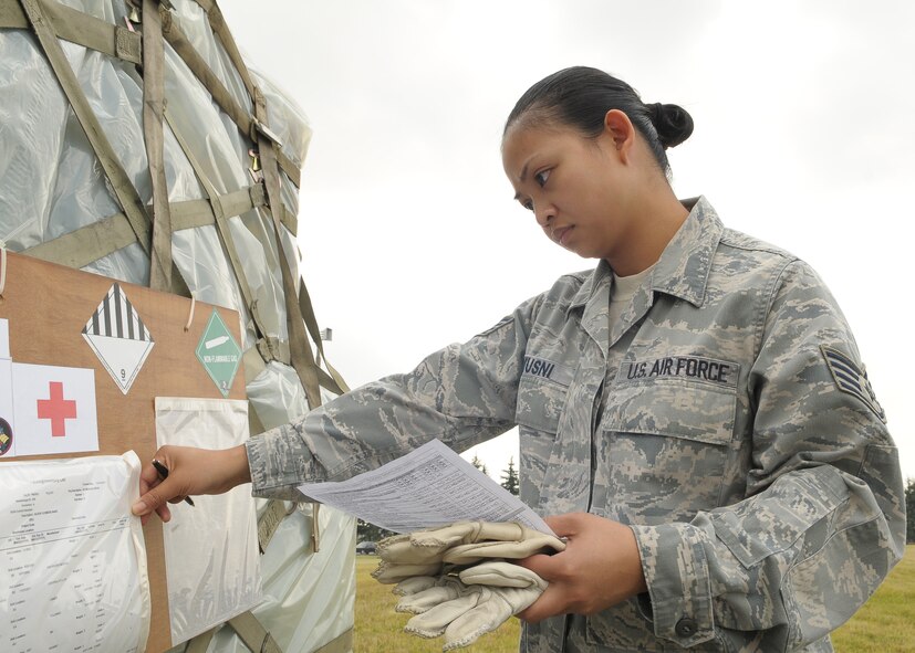 YOKOTA AIR BASE, Japan -- Staff Sgt. Marla Musni, 374th Medical Support Squadron NCO in charge of special projects, verifies an inventory label on a pallet of medical supplies Oct. 4 in support of the deployment of a U.S. Air Force Humanitarian Assistance Rapid Response Team to Padang, Indonesia. Sergeant Musni helped to build nine pallets totaling more than 35,000 pounds of equipment. The HARRT, which includes members from here and Andersen Air Force Base, Guam, is scheduled to depart Oct. 5 aboard a C-17 Globemaster III. (U.S. Air Force photo/Airman 1st Class Sean Martin)