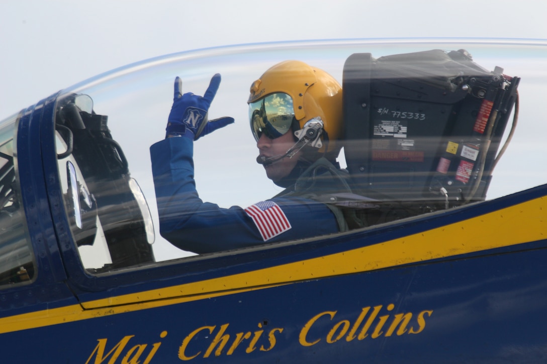 Maj. Chris Collins, a pilot with the U.S. Navy’s Flight Demonstration Squadron, the Blue Angels, taxis down the air station flight line before the last show of the 2009 MCAS Miramar Air Show, Oct. 4. Collins previously served aboard the air station as a pilot with Marine Fighter Attack Squadron 323, and an instructor pilot with Marine Fighter Attack Training Squadron 101. ::r::::n::(Official U.S. Marine Corps photo by Cpl. Christopher O’Quin)(Released)::r::::n::