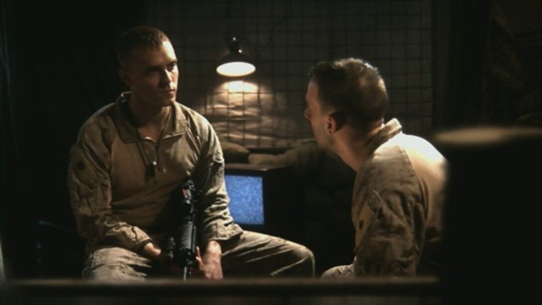 A screenshot from the video 'Never Leave a Marine Behind' shows the importance of peer-to-peer communication for suicidal thoughts or feelings as discussed in the new Noncomissioned Officer Suicide Prevention Course. Eighteen sergeants throught the 9th Marine Corps District have been trained to assist fellow Marines who are struggling with suicidal feelings.