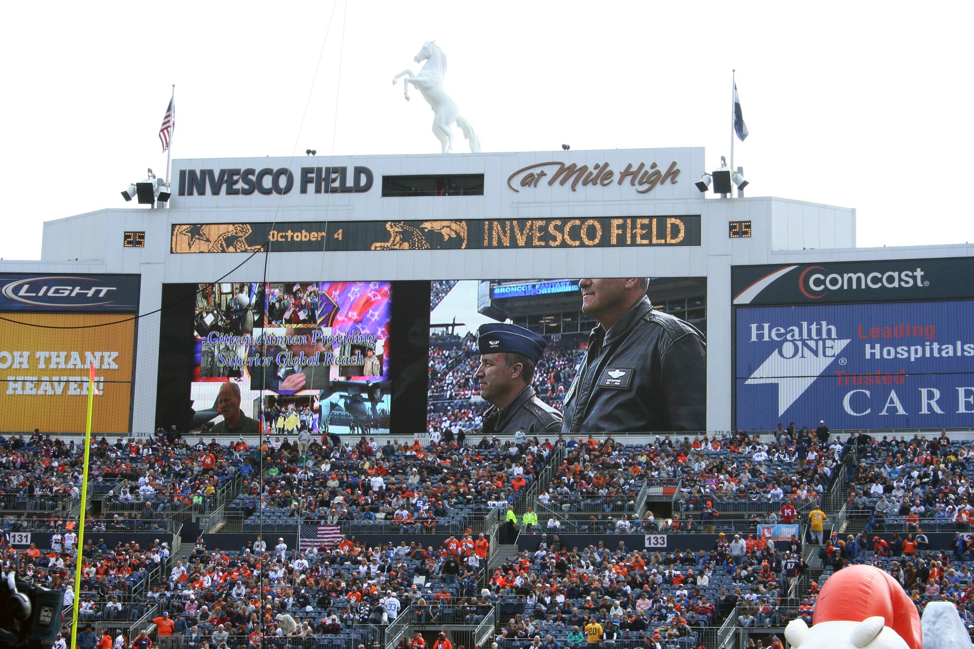 310th Space Wing vice commander Col. Mark D. Hustedt on the Denver Broncos Jumbotron before the game Oct. 4 in Denver, Colo. (U.S. Air Force photo/Capt. Maren P. Barney)
