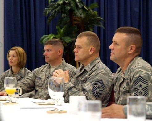 HURLBURT AIR FORCE BASE, Fla. -- Chief Master Sergeant of the Air Force James Roy listens to a briefing during breakfast with members of the 505th Command and Control Wing on Sept. 23. Chief Roy made his first visit to Hurlburt Field as top enlisted leader of the Air Force. Pictured with him from left are Master Sgt. Donna Hustad, 505th CCW ground safety manager; Senior Master Sgt. Patrick McMahon, 505th Training Group superintendent, Chief Roy; and Chief Master Sgt. Oscar "Deno" Mackin, 505th CCW command chief. (U.S. Air Force photo/Keith Keel) 