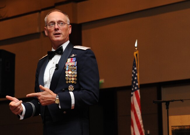 Lt. Gen. Bob Allardice was the Air Force Ball guest speaker at the North Charleston Convention Center Oct. 3. More than 800 Airmen and community leaders came together to celebrate the 62nd birthday of the United States Air Force. General Allardice is the 18th Air Force commander. (U.S. Air Force photo/Senior Airman Katie Gieratz)