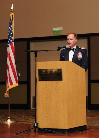 Col. John Wood introduces Lt. Gen. Bob Allardice during the Air Force ball at the North Charleston Convention Center Oct. 3. More than 800 Airman and community leaders came together to celebrate the 62nd anniversary of the United States Air Force. Colonel Wood is the 437th Airlift Wing commander and General Allardice is the 18th Air Force commander. (U.S. Air Force photo/Senior Airman Katie Gieratz)