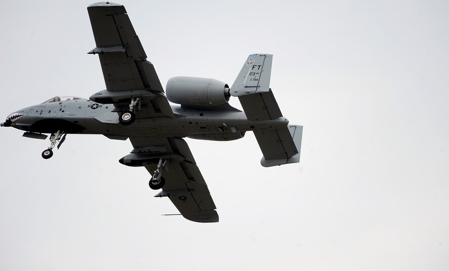 MOODY AIR FORCE BASE, Ga. -- An A-10C Thunderbolt II flies overhead doing a slow pass during the A-10 East Coast Demonstration Team performance here Oct. 2. The presentation was put together for members of the Valdosta State University Reserve Officers Training Corps. (U.S. Air Force photo by Airman 1st Class Joshua Green)
