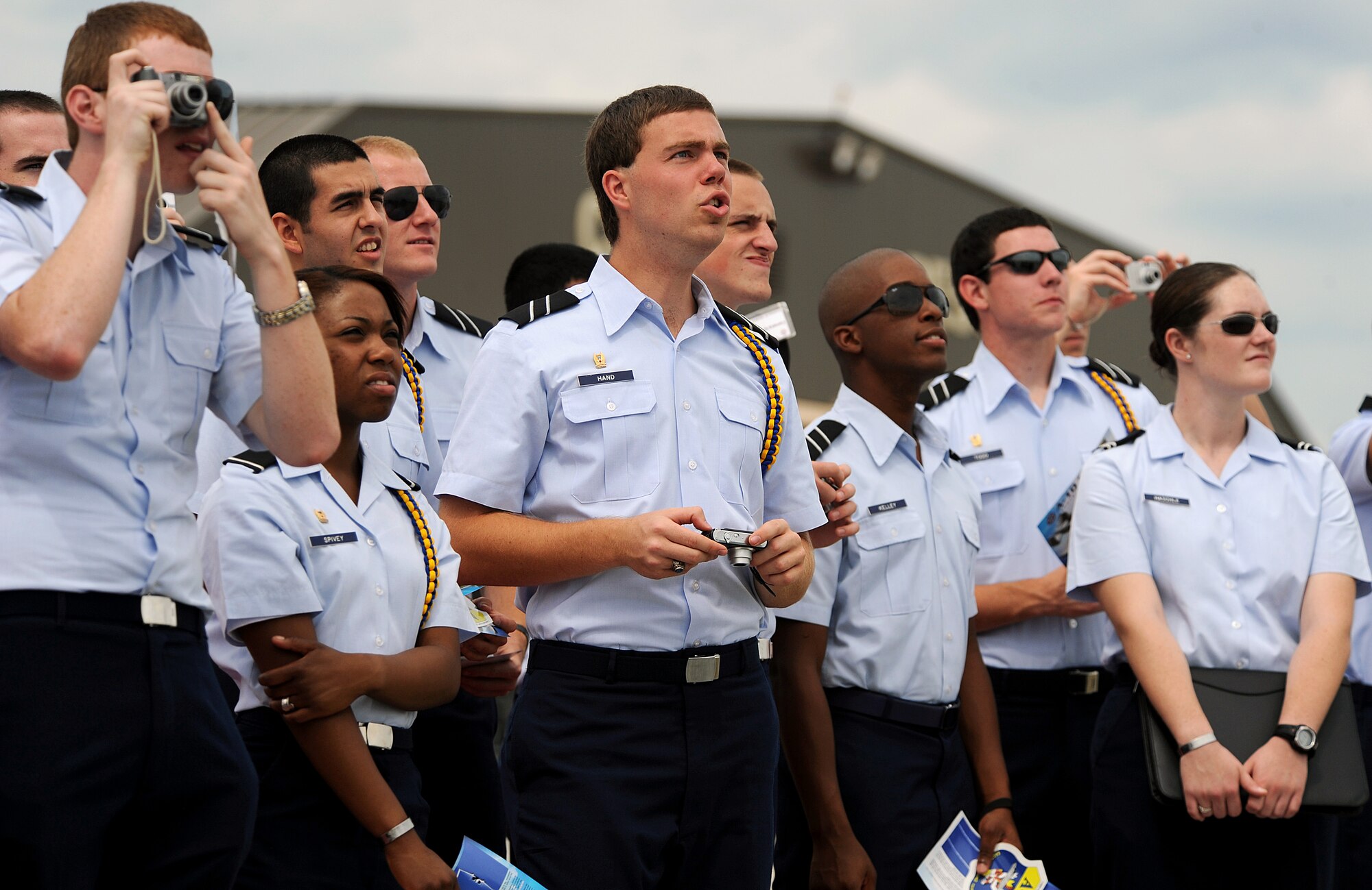 MOODY AIR FORCE BASE, Ga. -- Valdosta State University Reserve Officers Training Corps cadets watch an A-10C Thunderbolt II as it maneuvers through the air during the A-10 East Coast Demonstration Team performance here Oct. 2. (U.S. Air Force photo by Airman 1st Class Joshua Green)