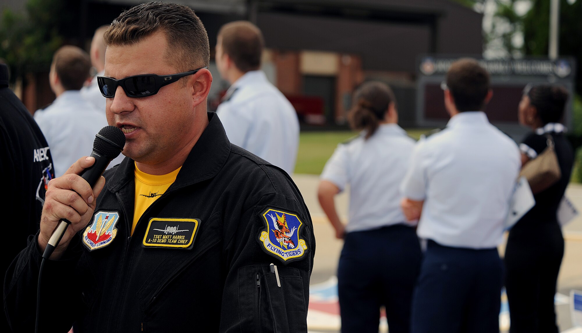 MOODY AIR FORCE BASE, Ga. -- Tech. Sgt. Matthew Harris, A-10 East Coast Demonstration Team NCO in-charge, is the master of ceremony during the team’s performance here Oct. 2. The presentation was put together for the Valdosta State University Reserve Officers Training Corps cadets. (U.S. Air Force photo by Airman 1st Class Joshua Green)
