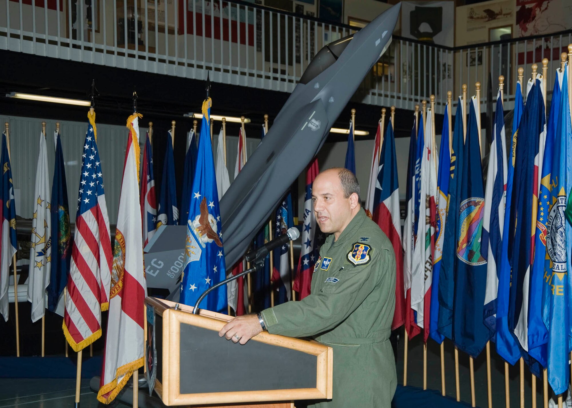 Col. James J. Ravella speaks during a ceremony in which he assumed command of the 33rd Operations Group Oct. 2 at the Air Force Armament Museum. In his previous assignment, the colonel was Flying Training Requirements chief at Headquarters Air Education and Training Command.  (Courtesy photo.) 