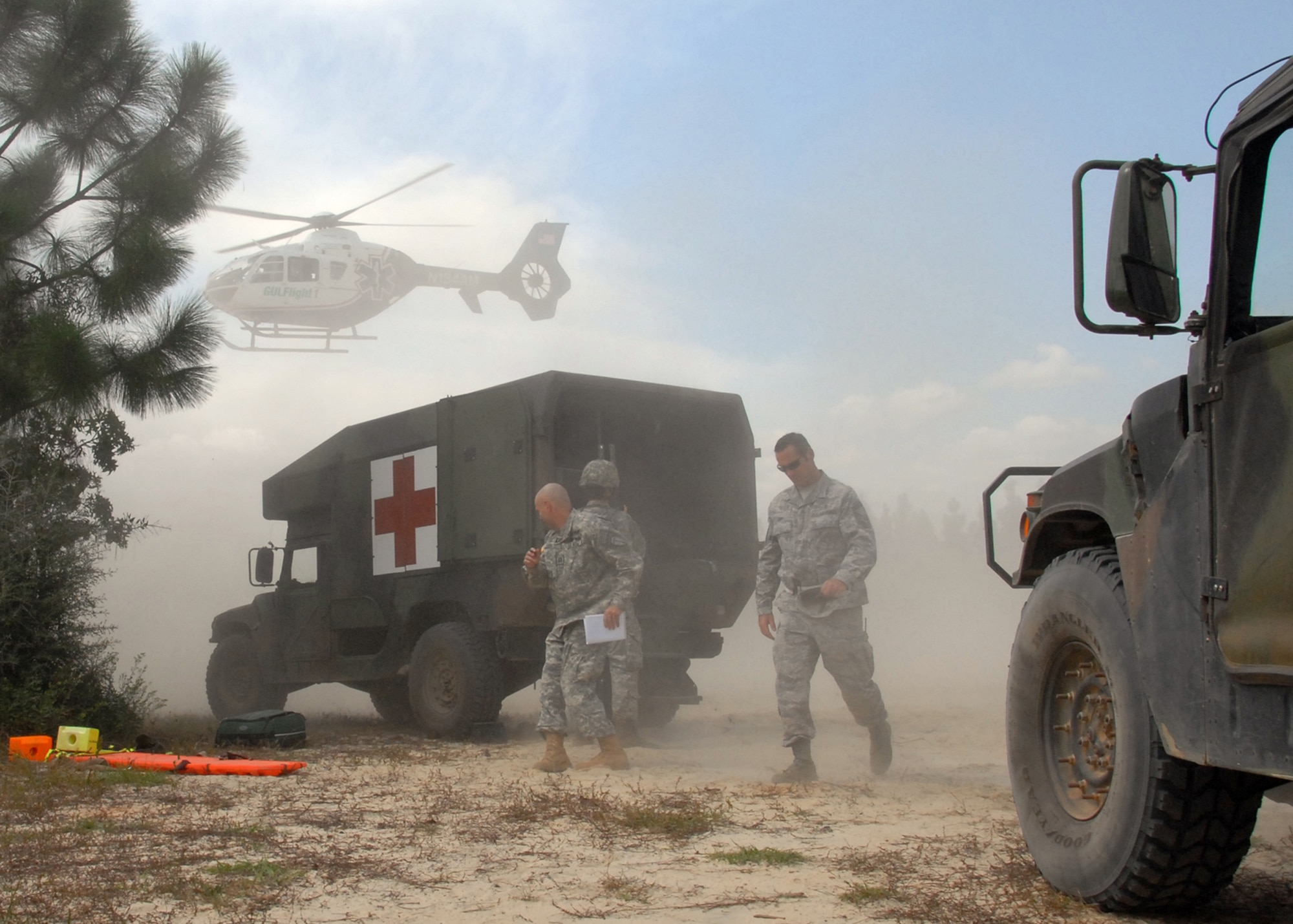 A Gulf Flight medical evacuation helicopter lifts off from the Eglin Range Oct. 1 during the 6th Ranger Battalion’s annual mass casualty exercise.  The exercise was to examine how effective the battalion responds as a group and how well it communicates and works with outside emergency agencies in the event of a catastrophe on the range.  (U.S. Air Force photo/Samuel King Jr.)