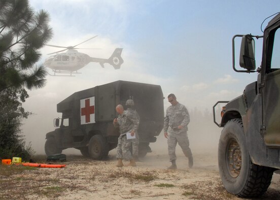 A Gulf Flight medical evacuation helicopter lifts off from the Eglin Range Oct. 1 during the 6th Ranger Battalion’s annual mass casualty exercise.  The exercise was to examine how effective the battalion responds as a group and how well it communicates and works with outside emergency agencies in the event of a catastrophe on the range.  (U.S. Air Force photo/Samuel King Jr.)