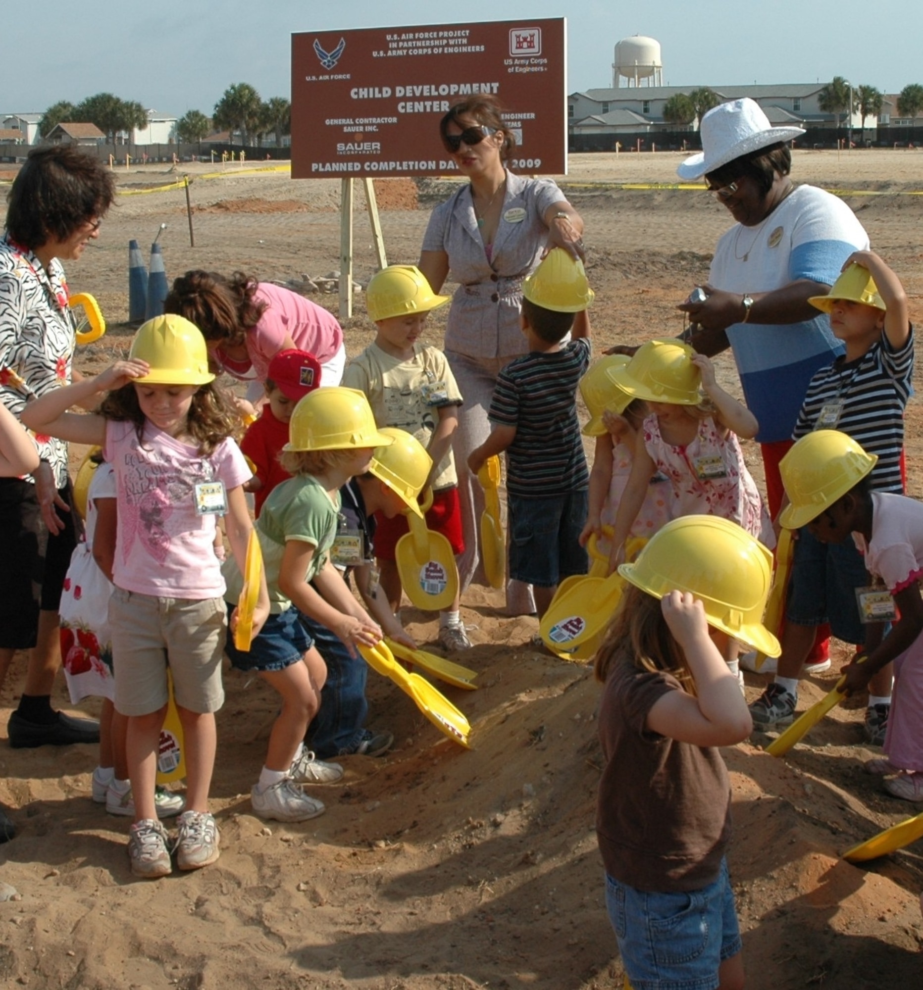 Children at Patrick AFB Child Development Center participate in a ground-breaking ceremony in May 2008. The new CDC was set to open in mid November 2009. (U.S. Air Force photo/Chris Calikins)