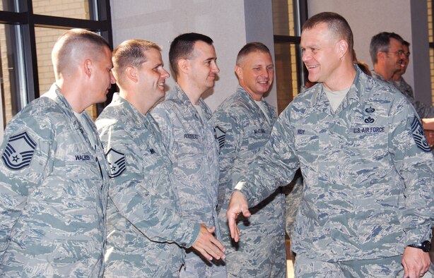 Chief Master Sgt. of the Air Force James A. Roy (right) meets members of the Senior NCO Academy staff Sept. 25, 2009, at Gunter Annex of Maxwell Air Force Base, Ala. (U.S. Air Force photo/Melanie Rodgers Cox) 
