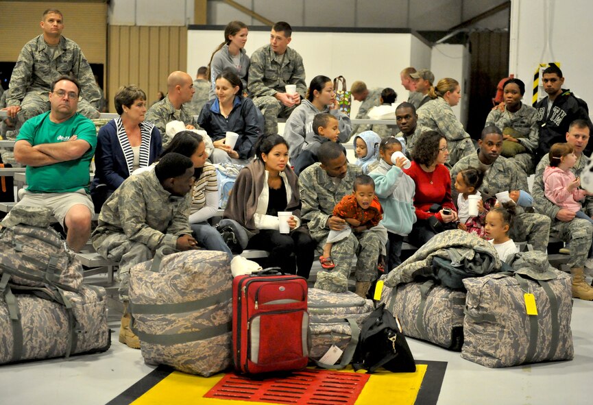 SHAW AIR FORCE BASE, S.C. -- Airmen of the 20th Fighter Wing wait with family and friends before departing on a four-month deployment to Afghanistan, Oct. 5. (U.S. Air Force photo/Senior Airman Kathrine McDowell)