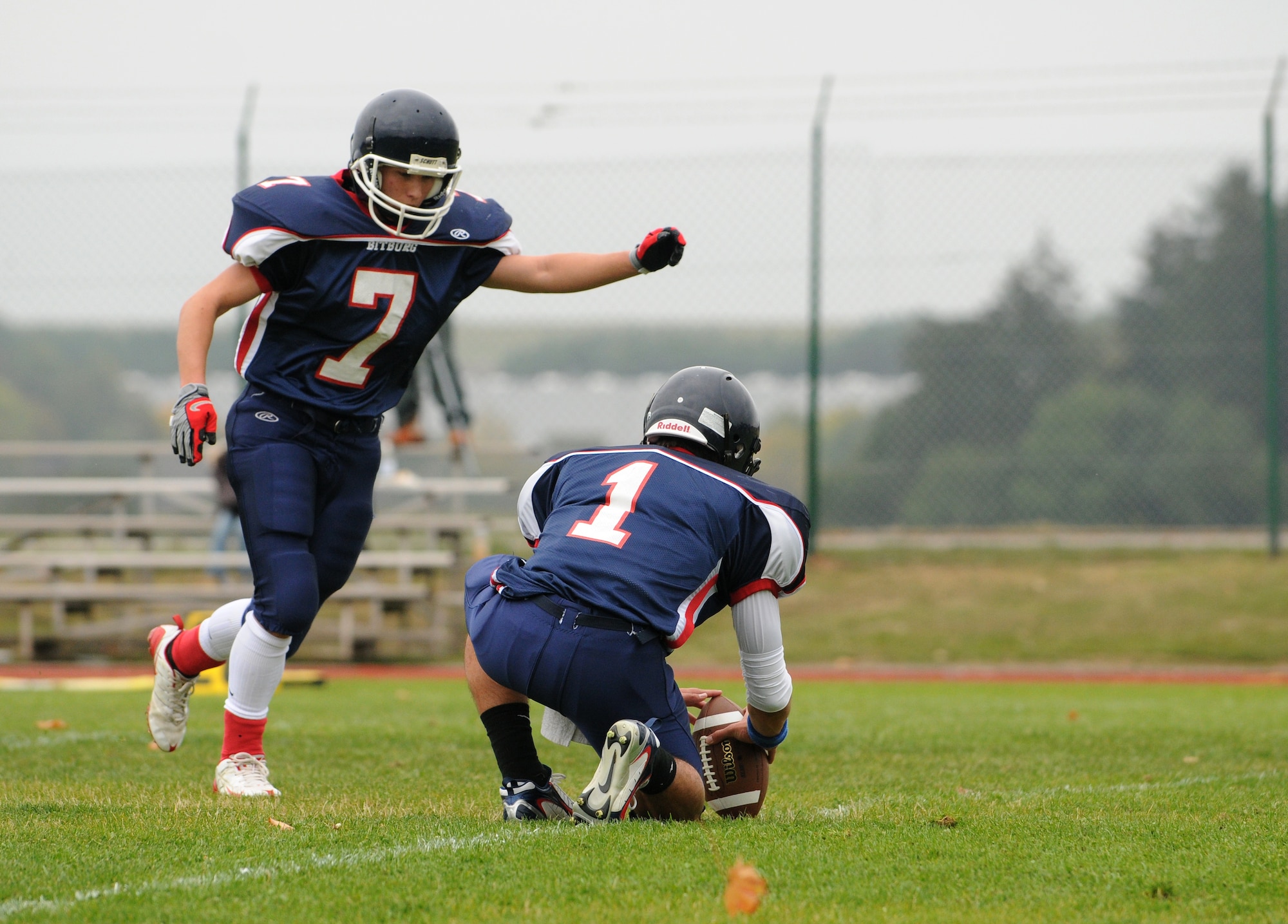 BITBURG ANNEX, Germany -- Bitburg kicker Brandon Massie kicks the football for an extra point against the Mannheim Bison Oct. 3 during Bitburg High School’s homecoming game. The Bitburg Barons defeated the Bison 35-0. (U.S. Air Force photo/Airman 1st Class Nathanael Callon)
