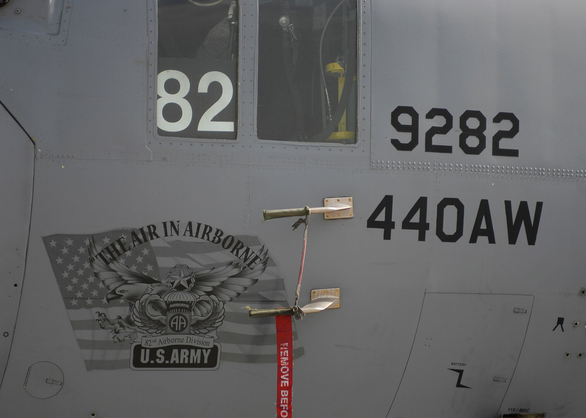BAGRAM AIRFIELD, Afghanistan -- A C-130 Hercules, from the 440th Airlift Wing at Pope Air Force Base, N.C., prominently displays The Army's 82nd Airborne Division nose art in honor of the cohesion of the Air Force and the Army here, Oct. 5, 2009. The C-130, used to transport troops and cargo, was put on display for members of the 82nd to view the aircraft.  (U.S. Air Force photo/Senior Airman Felicia Juenke)