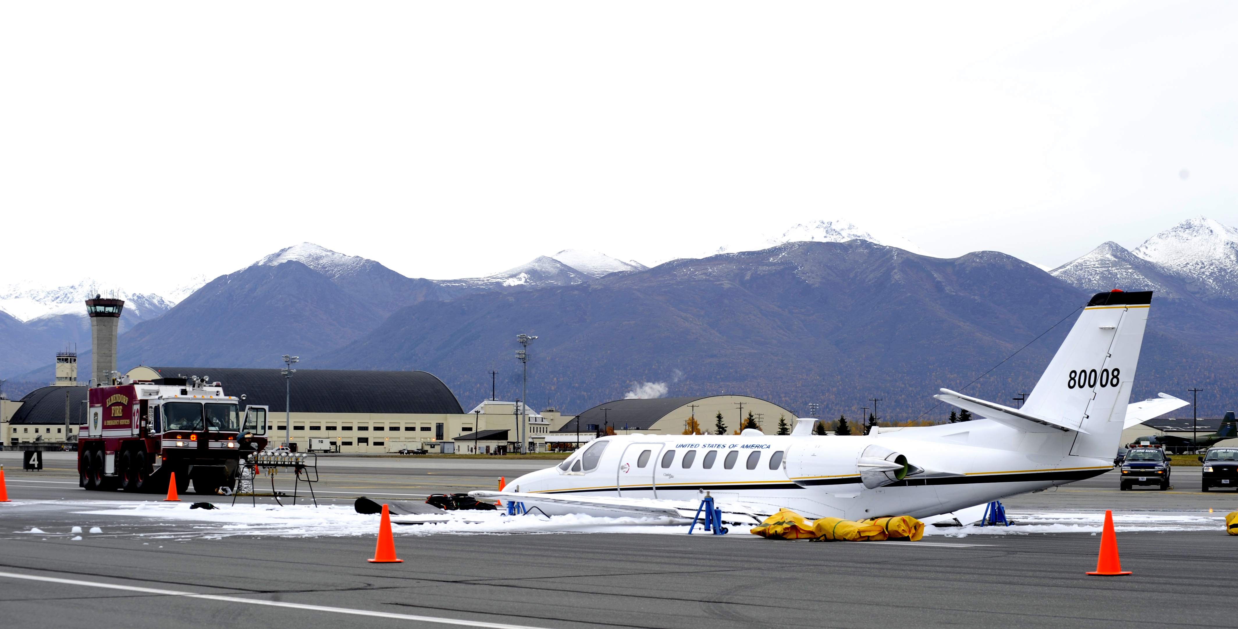 Aircraft performs gear up landing at Elmendorf Air Force Base, Alaska