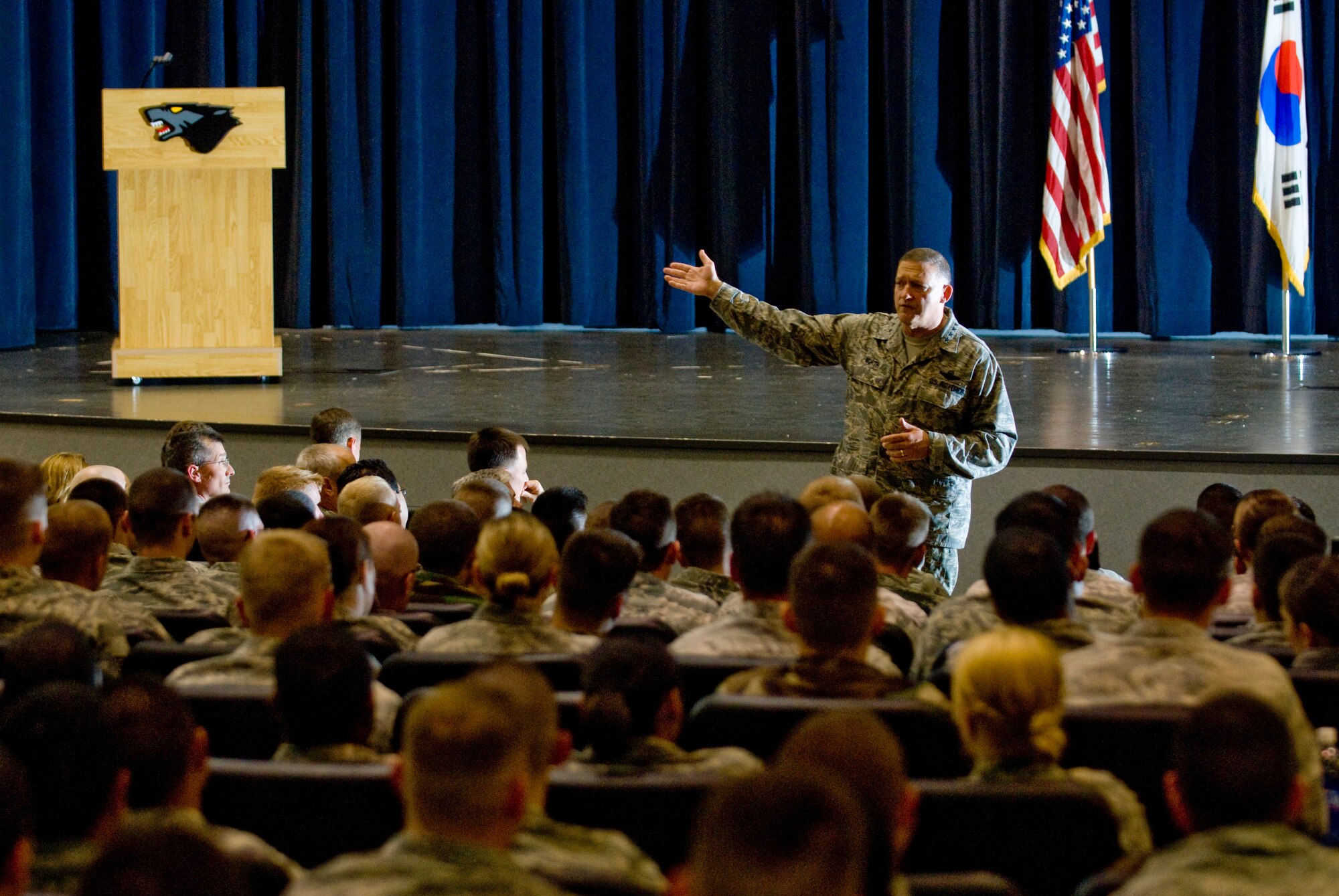 KUNSAN AIR BASE, Republic of Korea -- Gen. Gary North, Pacific Air Forces commander, answers questions about the future of Kunsan Air Base at an Airmen's call Oct. 5. General North visited Kunsan for the first time as the PACAF commander. (U.S. Air Force photo \Senior Airman Jonathan Steffen)