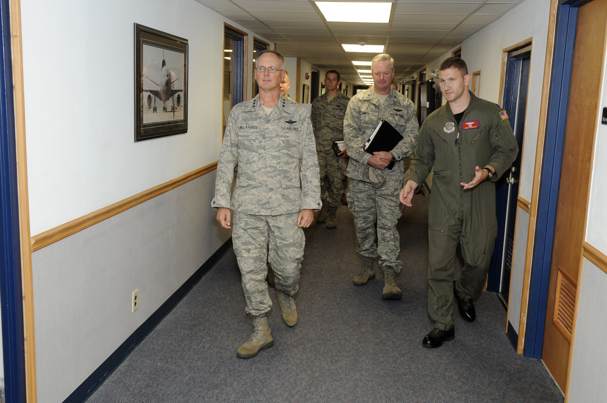 Lt. Gen. Robert Allardice, 18th Air Force and U.S. Air Force Transportation commander, takes a tour of the newly renovated KC-10 formal training unit building here Oct. 2. During his two-day visit, General Allardice visited key facilities at America's first tri-service joint base. (U.S. Air Force photo/Carlos Cintron)
