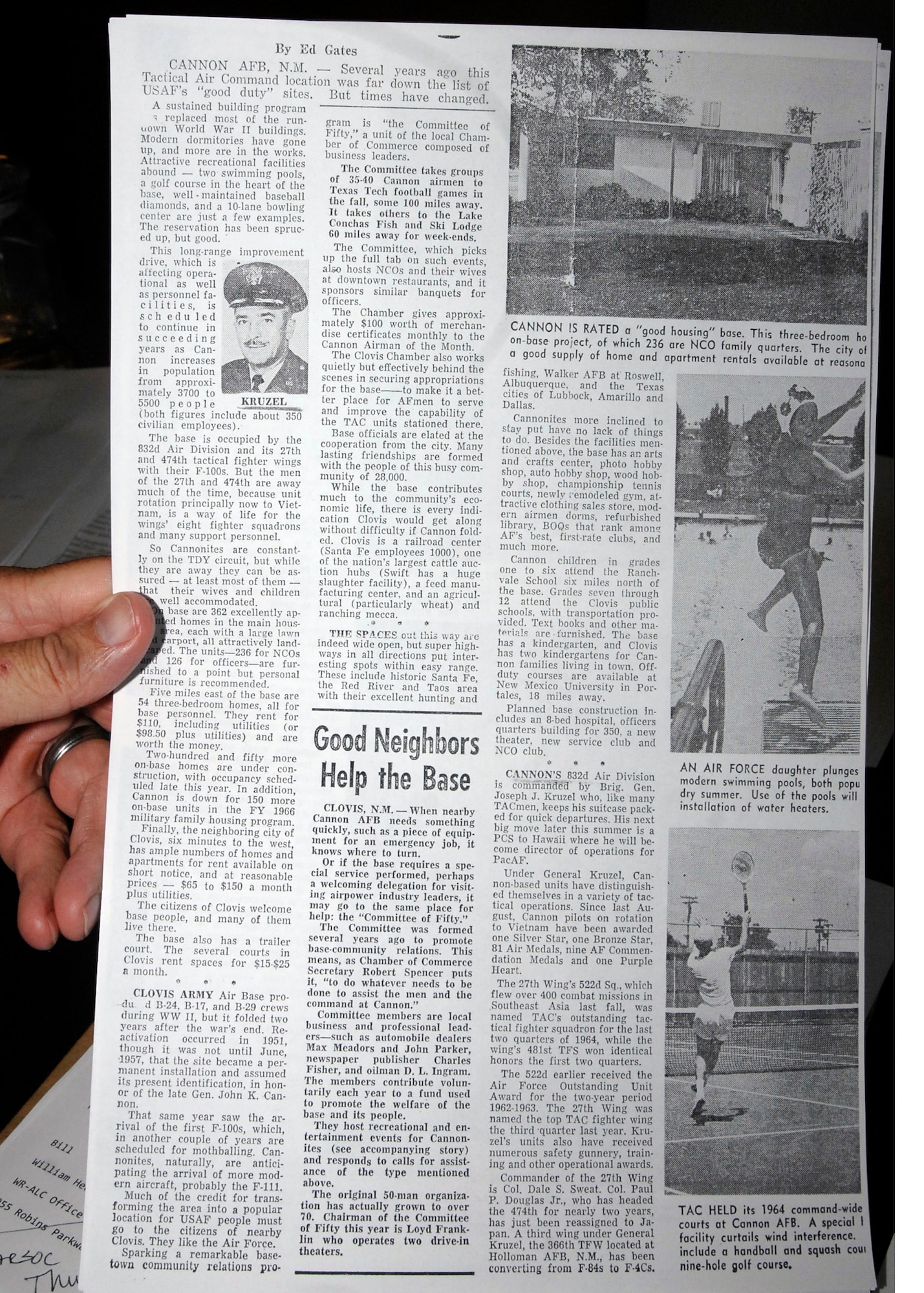CANNON AIR FORCE BASE -- Rick Shea, 27th Special Operations Wing and base historian, displays a 1965 article copied from the Air Force Times about the changes the base was undergoing during its transition from the F-100 to the F-111. Issues such as housing and dormitories were topics of concern then as they are now. (U.S. Air Force photo by Greg Allen)
