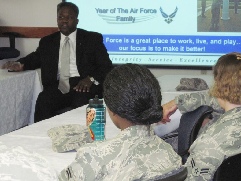 Horace Larry, Air Staff representative, explains the vision of the Year of the Air Force Family to a focus group of single Airmen during his visit to Eglin Oct. 2. During his briefing to several groups that day he welcomed comments and suggestions on the Air Force's YoAFF program that will run until July 2010. As a retired colonel with more than 30 years of service, mainly in personnel and services career fields, Mr. Larry had many experiences and concerns to share with his Air Force family. (U.S. Air Force photo/Chrissy Cuttita)
