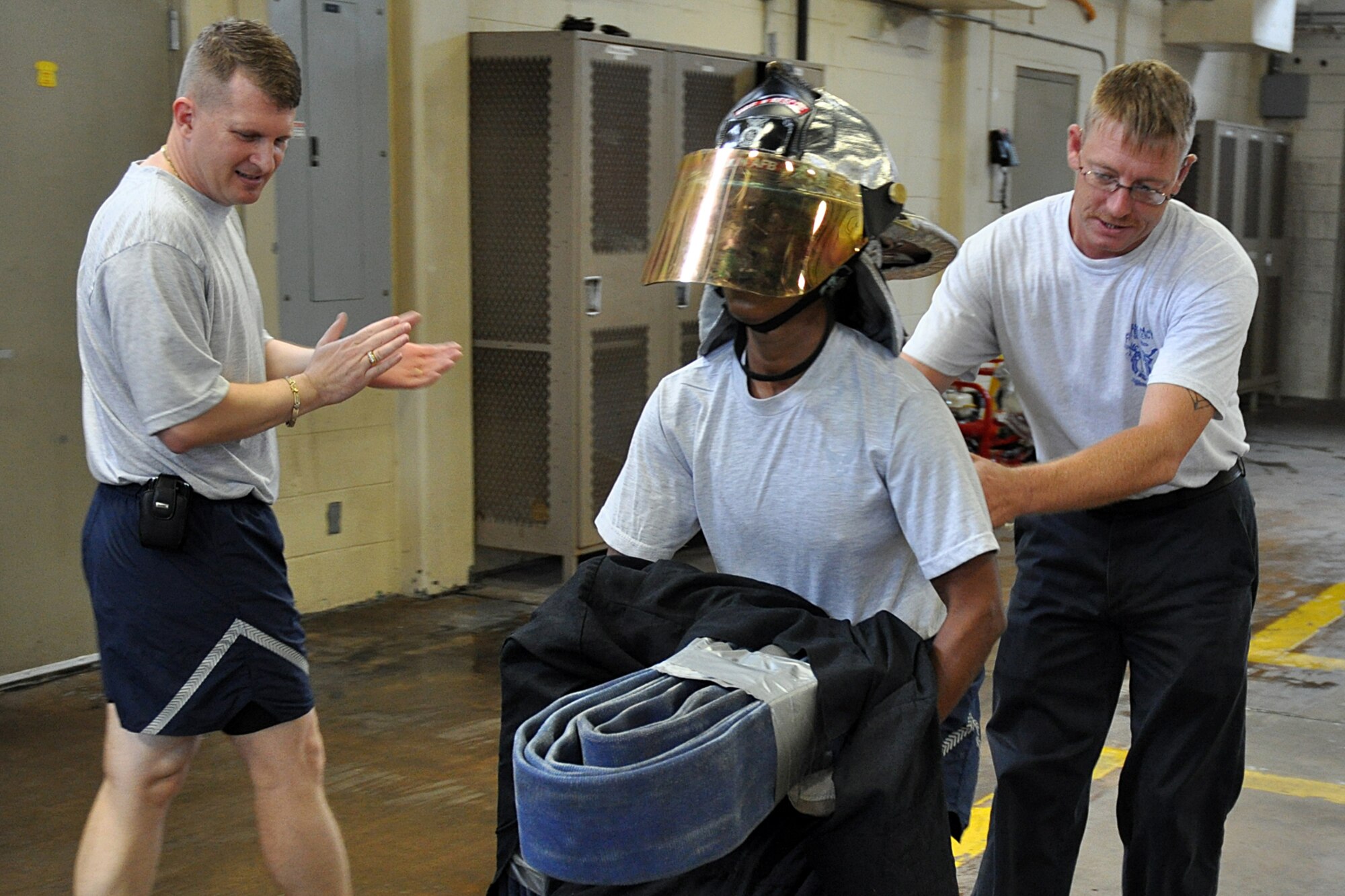 EGLIN AIR FORCE BASE, Fla. – Lt. Col. Yvonne Spence, 96th Civil Engineer Squadron commander, drags a dummy during the Commanders vs. First Sergeants Challenge at Fire Station One, Oct. 5. The event featured five challenges that gave the base leaders a sample of what firefighters experience regularly on the job. The Commander’s Challenge and Fire Muster Challenge, hosted the same day, were also part of the FPW kickoff. (U.S. Air Force photo/ Airman Anthony Jennings)