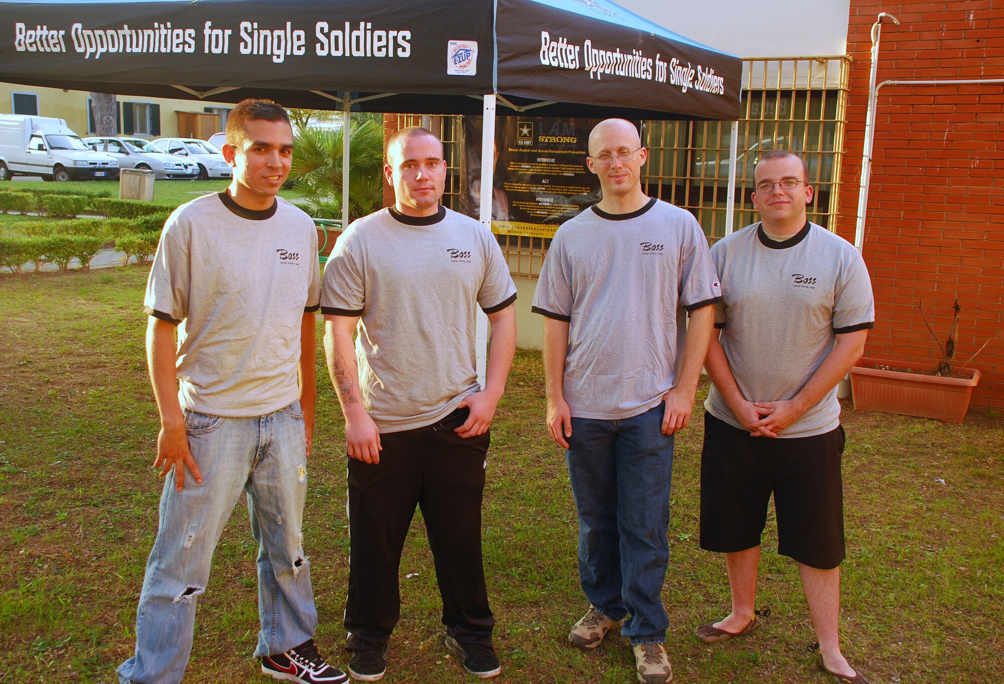 From left to right: Airman 1st Class Daryl Perales, 731st Munitions Squadron, Senior Airman James Grey, 731st MUNS, Spc. Jered Whicker, U.S. Army Health Clinic Livorno, and Airman 1st Class Bradley Behe, 731st MUNS, were elected as the new Camp Darby Better Opportunities for Single Soldiers president, vice president, secretary and treasurer for fiscal year 2010 on Oct. 2, 2009 at Camp Darby, Vicenza, Italy. (U.S. Air Force photo/Joyce Costello)