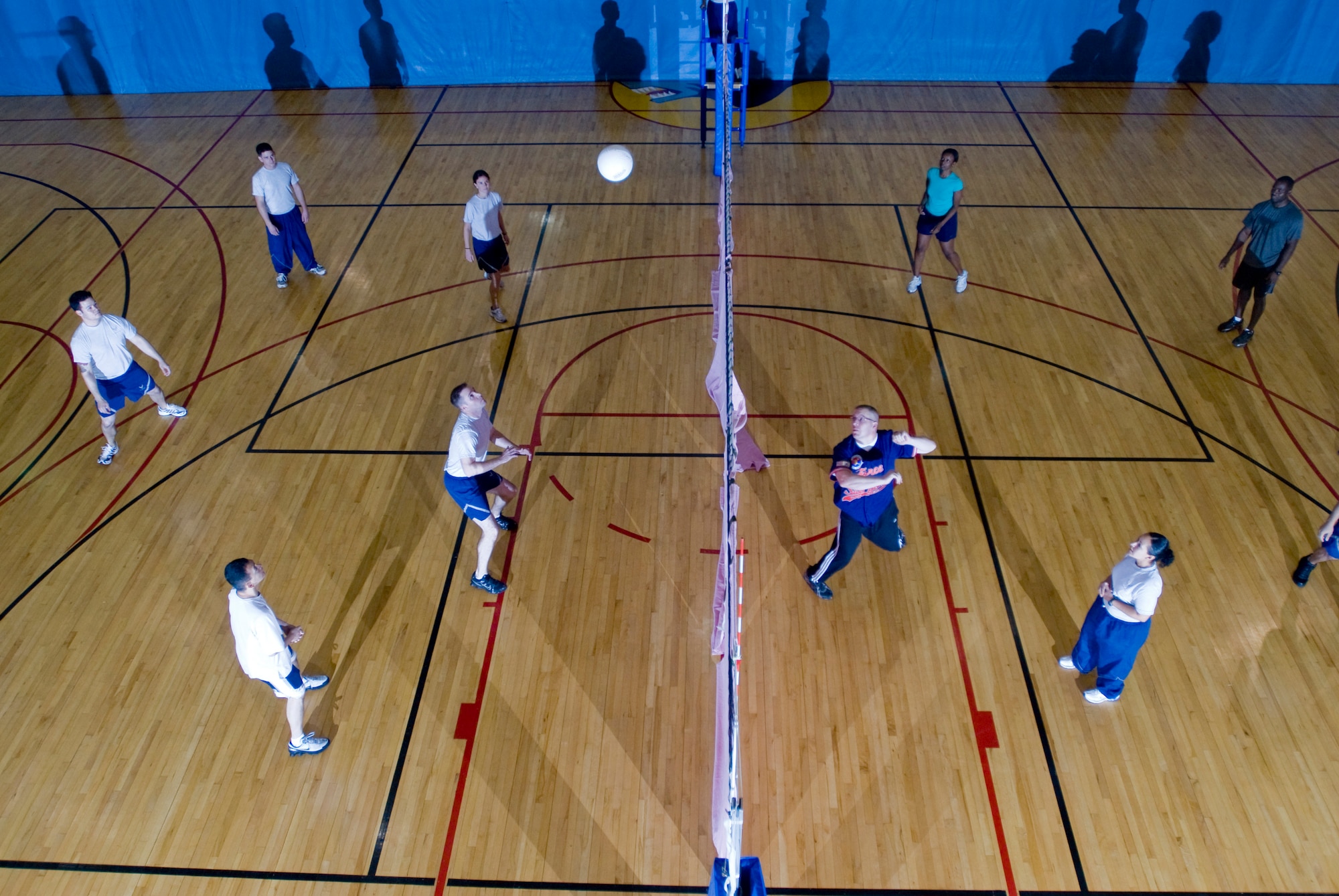 KUNSAN AIR BASE, Republic of Korea -- The 8th Operations Support Squadron volleys with the 8th Force Support Squadron at the blind volleyball tournament during the Korean and American Friendship and Appreciation Sports Day Sept. 29. The day featured various events including softball, basketball and blind volleyball. (U.S. Air Force photo \ Senior Airman Jonathan Steffen) 