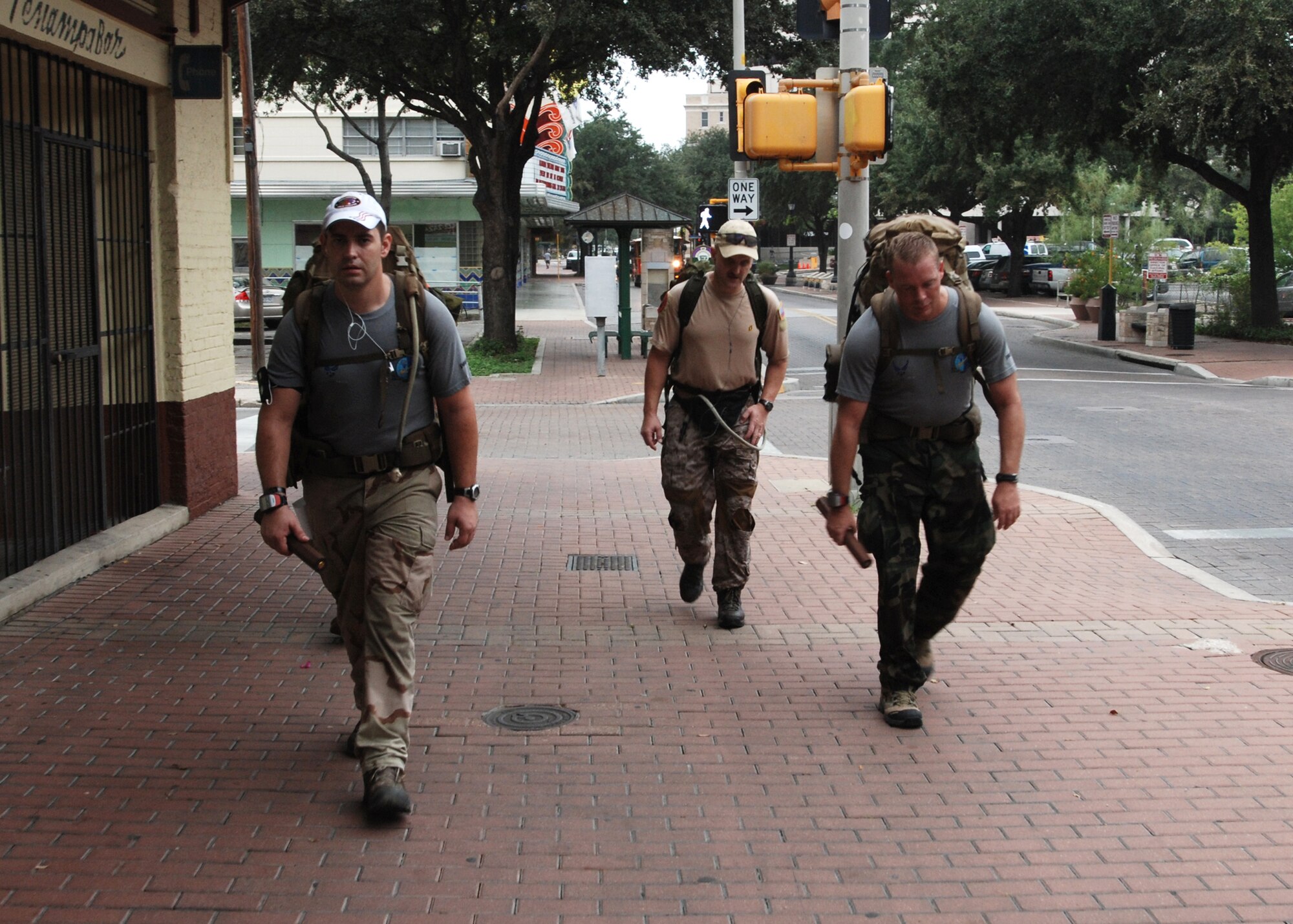 U.S. Air Force combat controllers march more than 800 miles from Lackland Air Force Base, Texas to Hurlburt Field, Florida, passing through downtown San Antonio. The march is in memory of 12 special tactics Airmen who died in combat in Iraq and Afghanistan. The march starts at Lackland where combat controller training starts. It ends 10 days and five states later at Hurlburt Field where Airmen become combat controllers. (U.S. Air Force photo/Airman 1st Class Brian McGloin) 