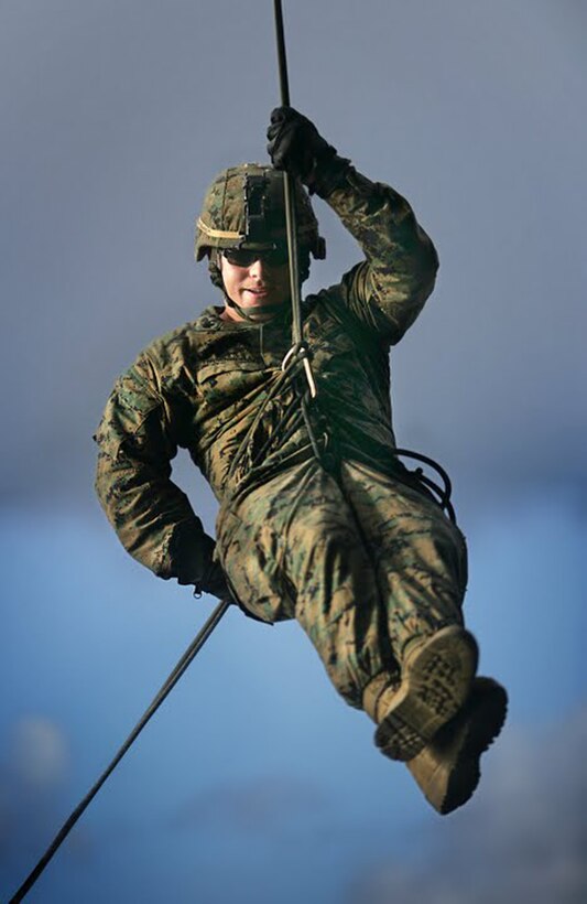 Petty Officer 3rd Class Joshua D. Thornbloom, 23, from Portland, Ore., rappels out the back of a CH-46 Sea Knight helicopter aboard USS Bonhomme Richard Oct. 6. Marines with Weapons Company, Battalion Landing Team 2/4, rappelled from the ship’s flight deck to an elevator platform three stories below.
