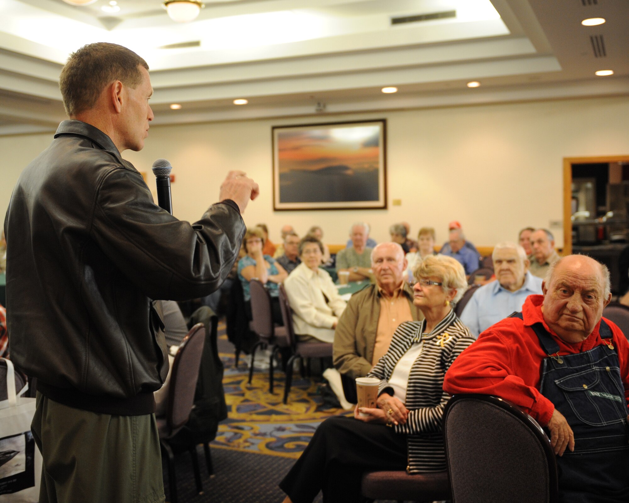 WHITEMAN AIR FORCE BASE, Mo. - Brig. Gen. Robert Wheeler, 509th Bomb Wing commander, briefs attendees of the base's annual Retiree Appreciation Day Oct. 3. More than 250 retirees from the Missouri area visited Whiteman for the all-day event. (U.S. Air Force photo/Senior Airman Corey Todd)
