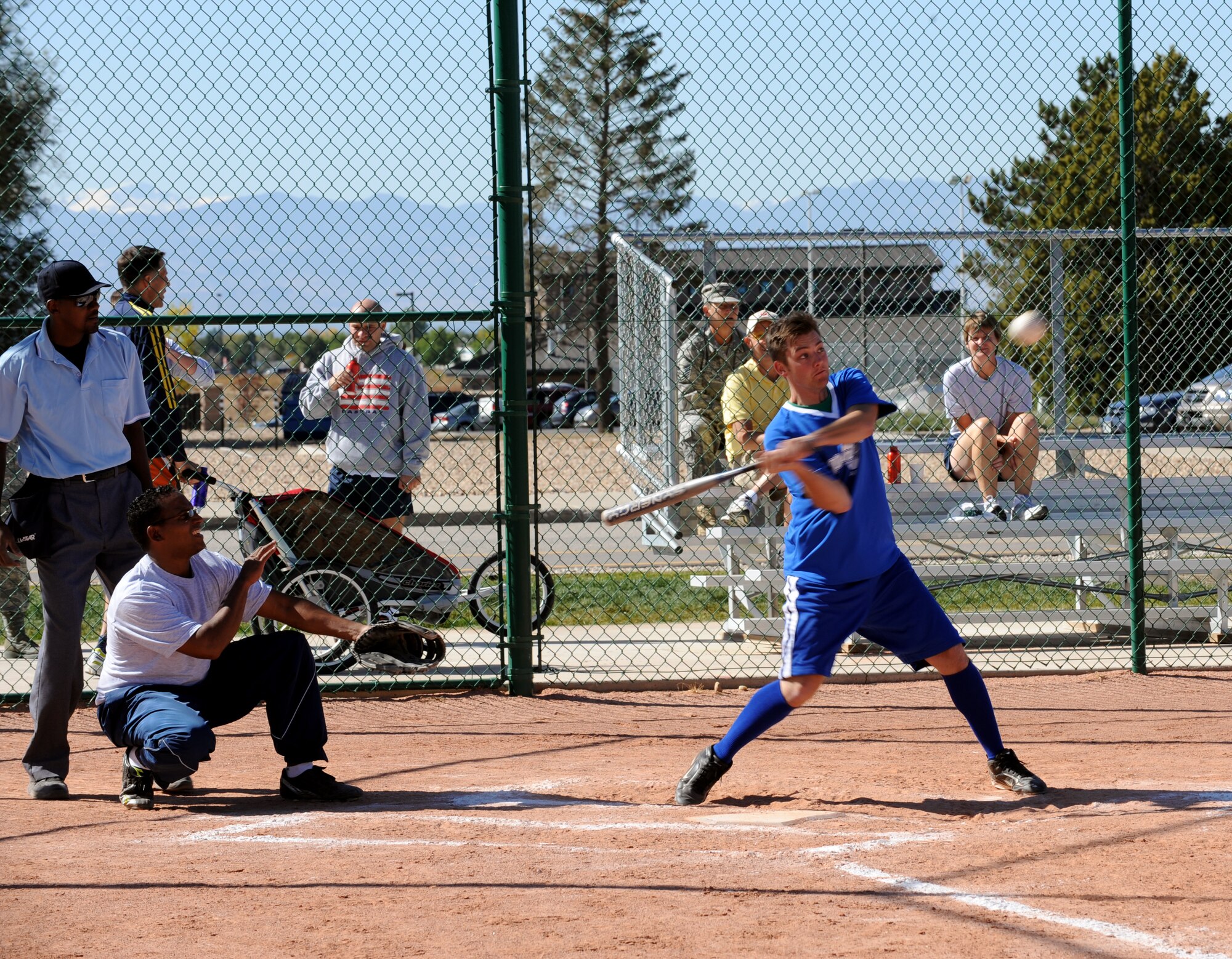 Buckley Air Force Base, Colo. – The 460th Buckley Panthers team bats against the Top 3/Commanders team in a softball game during Buckley’s Sports and Field Day Oct. 2. The Panthers beat the Top 3/Commanders team 13-8. (U. S. Air Force photo by Senior Airman John Easterling)